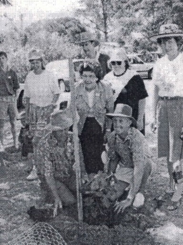 Frank and Judy Day planting a family tree at Theebine in 1982.