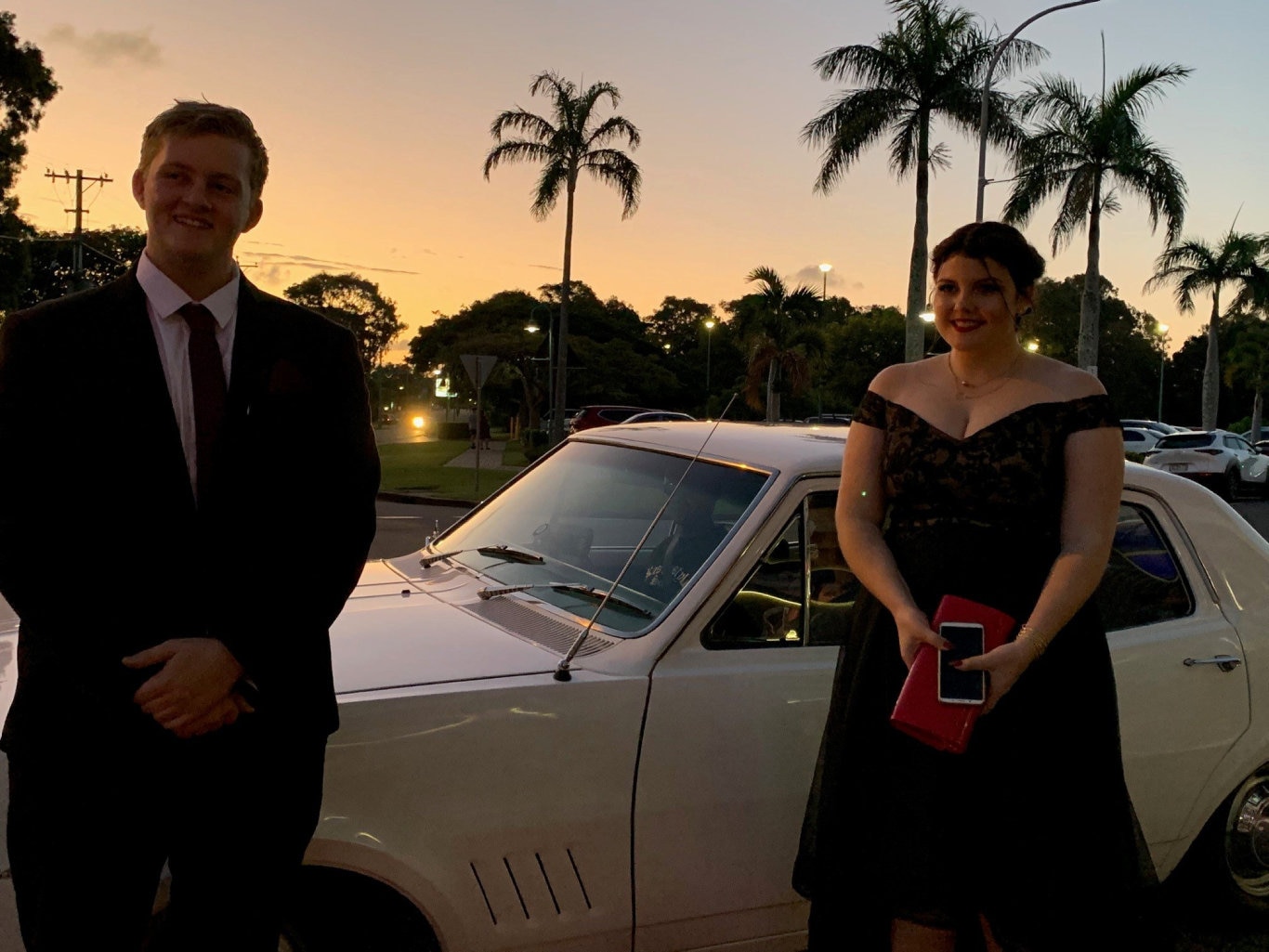 Angus Brown and Mackenzie Sizer arriving at the Fraser Coast Anglican College formal.