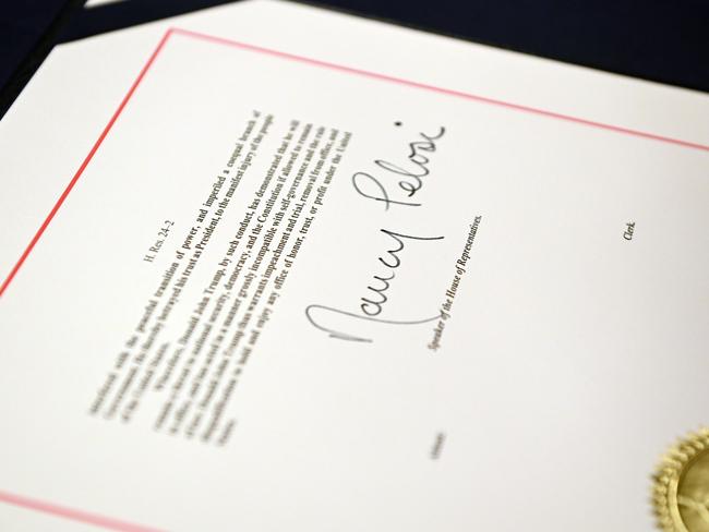 The signature of Speaker of the House Nancy Pelosi on the article of impeachment. Picture: AFP