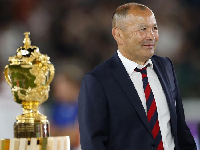 Eddie Jones walks by the Webb Ellis Cup after the 2019 Rugby World Cup final. Picture: Lynne Cameron/Getty Images