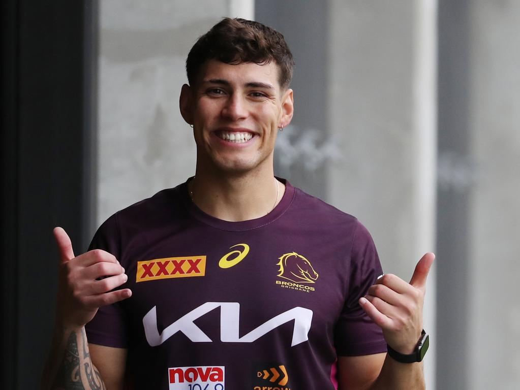 Jordan Riki all smiles at pre-season training with the Broncos training. Picture: Annette Dew