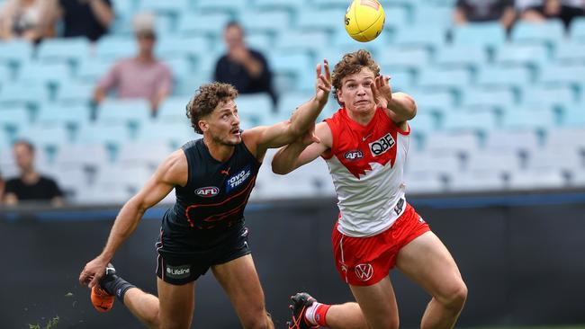 Harry Perryman, pictured trying to spoil Swan Angus Sheldrick’s marking attempt, is eager to see how GWS measures up with Melbourne. Picture: Phil Hillyard