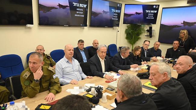 Israel's Prime Minister Benjamin Netanyahu (C) during a War Cabinet meeting at the Kirya in Tel Aviv.