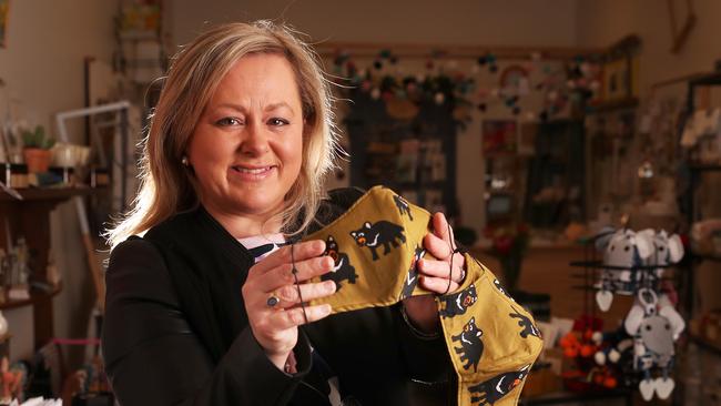 Katinka Dineen of Lily & Dot in North Hobart is now selling Tassie themed face masks featuring Tasmanian devils which have proved to be popular with expats in Victoria having sold around 50 on pre-order in the first 24 hours of going online. Picture: NIKKI DAVIS-JONES