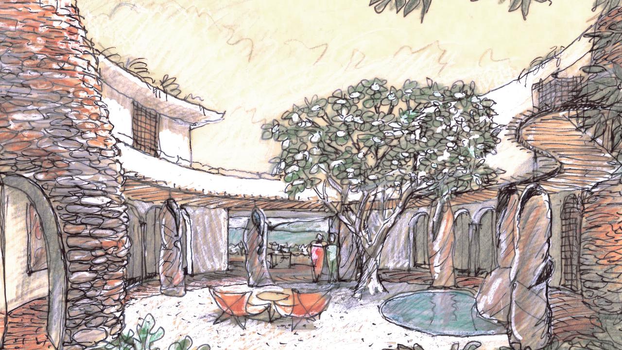 Another yellow-tracing shows internal courtyard with pool.
