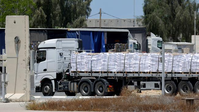 A truck carrying aid enters the Gaza Strip from the Israeli Kerem Shalom crossing on May 20. Picture: AFP