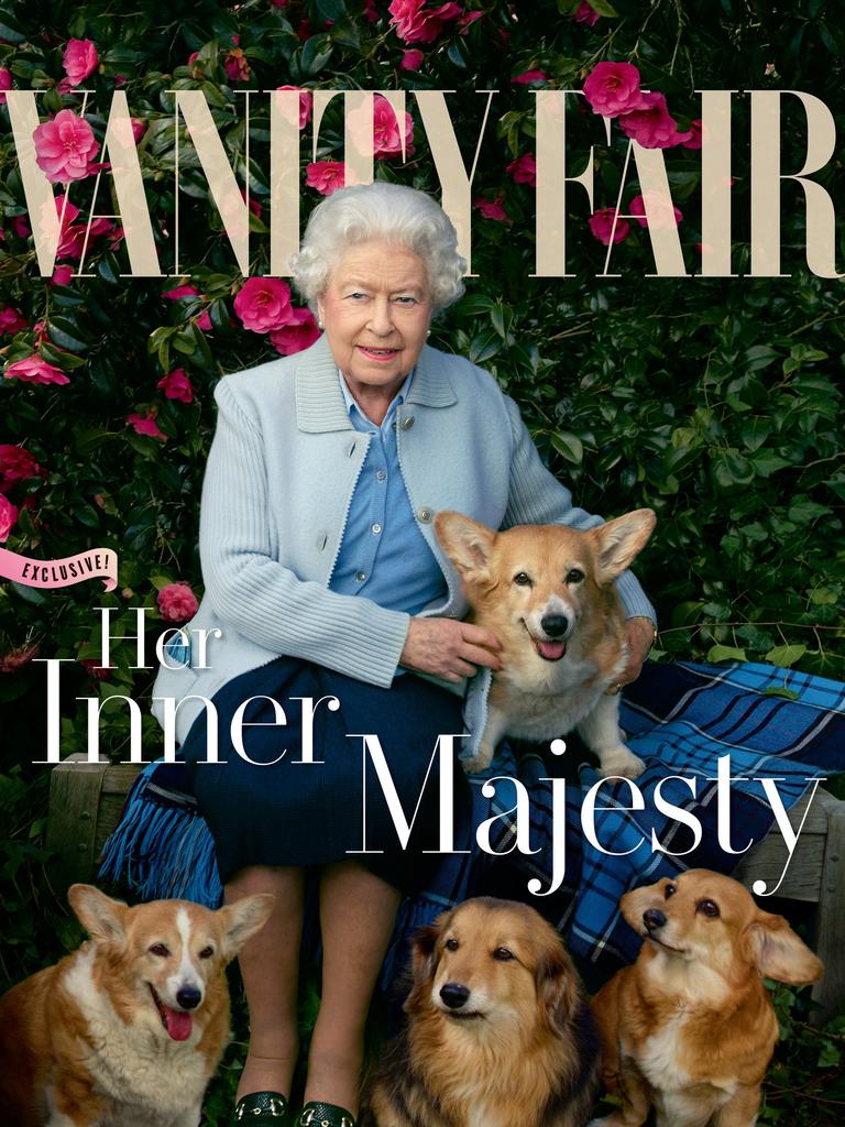 Queen Elizabeth II on the cover of Vanity Fair with her pet dog corgis, 2016. Picture: Annie Leibovitz/Vanity Fair