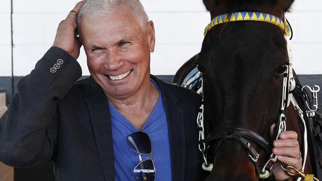 $4.46M Superstar pacer Im Themightyquinn in a public trial at Albion Park ahead of the launch of the 2014 Queensland Winter Trotting Carnival. Ridden by Jockey Pete McMullen. Horse pictured with Gary Hall.