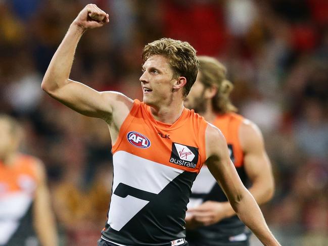 SYDNEY, AUSTRALIA - APRIL 30: Lachie Whitfield of the Giants celebrates a goal during the round six AFL match between the Greater Western Sydney Giants and the Hawthorn Hawks at Spotless Stadium on April 30, 2016 in Sydney, Australia. (Photo by Matt King/Getty Images)