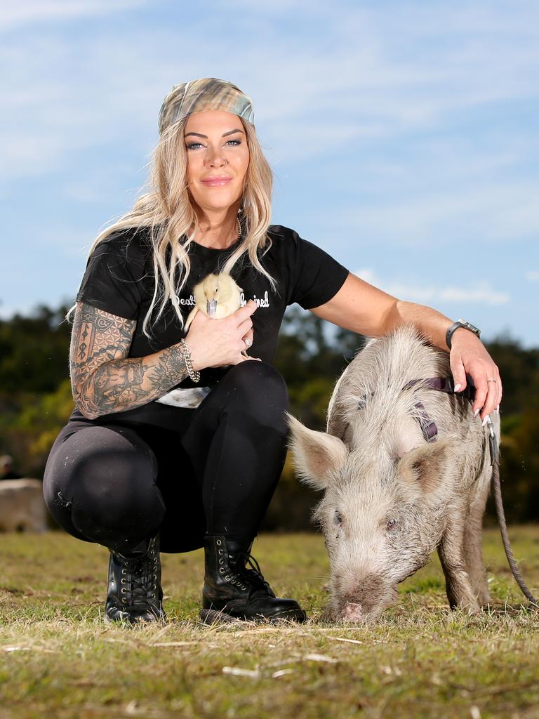 Kate Bijkerk with Pig Sunni and Duckling Earnest. Picture: Steve Pohlner