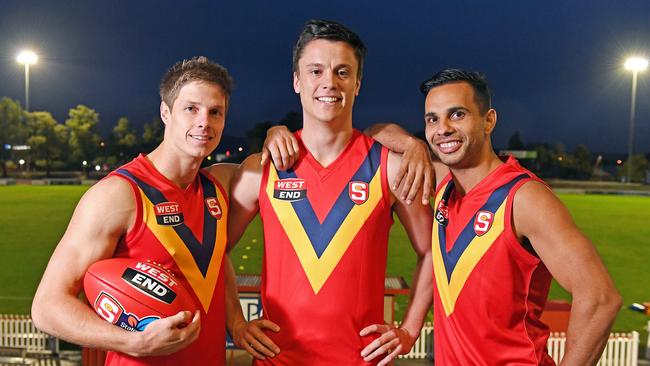  State team captain Jack Stephens (Sturt) with his two vice-captains Matt Rose (South) and Danyle Pearce (Sturt) at Prospect Oval on Thursday night. Picture: Tom Huntley