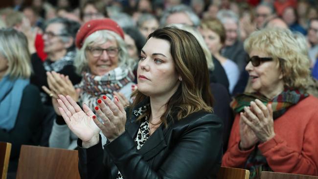 Greens Senator Sarah Hanson-Young at a Friends of ABC rally in Melbourne yesterday. Picture: Liam Kidston