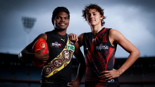 Maurice Rioli Junior and Tex Wanganeen are pumped for Dreamtime at the G. Picture: Michael Willson/AFL Photos via Getty Images