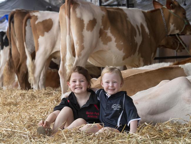 International Dairy Week. Cousins L-R 4yo Lexi Osborn and 3yo Ava Fisher from Merrigum and Kyabram Picture: Zoe Phillips