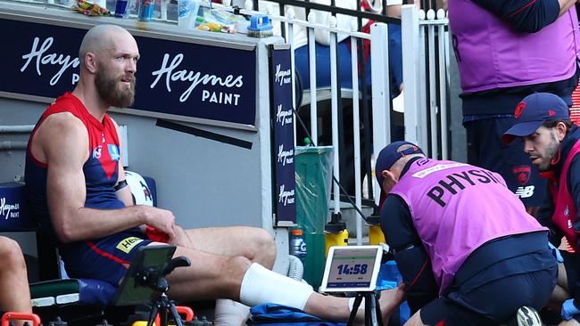 Max Gawn is desperate to make a swift return from the chipped fibula he suffered against West Coast on Sunday. Picture: Graham Denholm / Getty Images