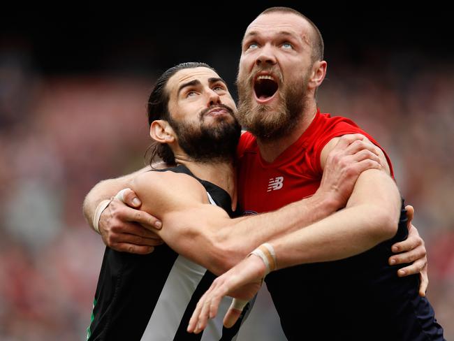 MELBOURNE, AUSTRALIA - AUGUST 26: Brodie Grundy of the Magpies and Max Gawn of the Demons compete in a ruck contest during the 2017 AFL round 23 match between the Collingwood Magpies and the Melbourne Demons at the Melbourne Cricket Ground on August 26, 2017 in Melbourne, Australia. (Photo by Michael Willson/AFL Media/Getty Images)