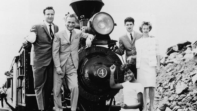 American singer Little Eva (front) with producers Don Kirshner and Al Nevins, and singer-songwriters Gerry Goffin and Carole King, who wrote the hit The Loco-Motion for Little Eva, their babysitter at the time. Picture: Frank Driggs Collection/Getty Images