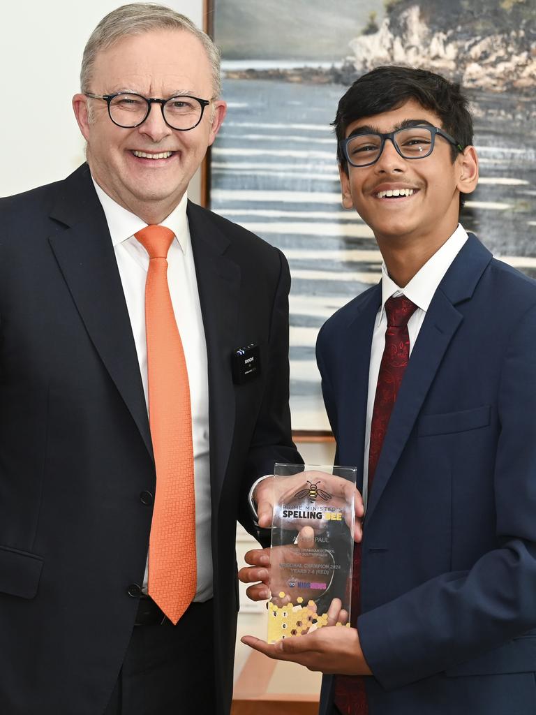 Red level (Years 7-8) National Champion Aditya Paul had initially intended to ask Mr Albanese to spell bourgeois, but decided to cut the PM a break after watching question time. Picture: NewsWire / Martin Ollman