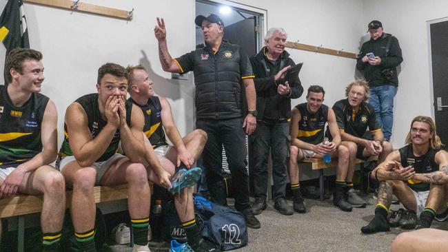 Dromana coach Matt Price shares a joke with his players after Saturday’s win over Frankston Bombers. Picture: Valeriu Campan