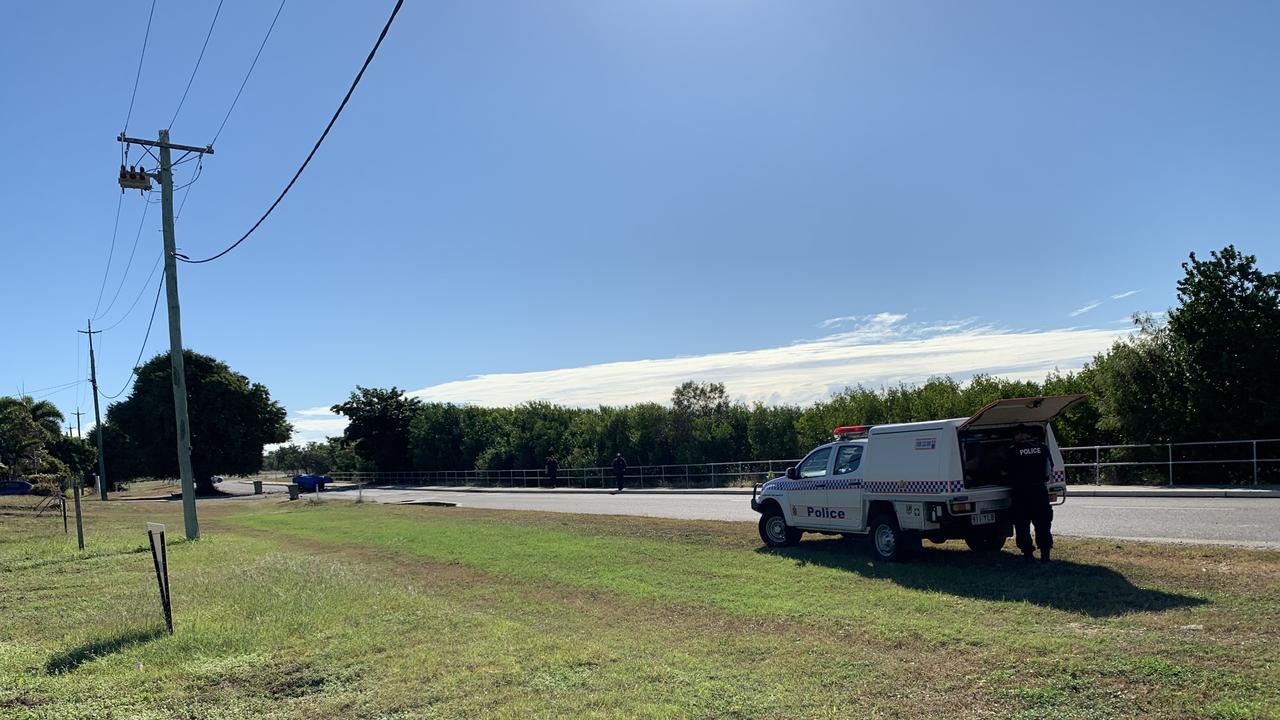 Police at the scene of a Bowen car crash and fire, near the intersection of Queens Rd and King St. Picture: Kirra Grimes