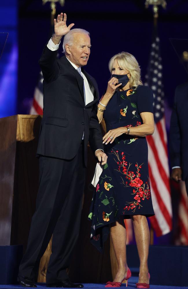 Joe Biden celebrates with wife Jill. Picture: Tasos Katopodis