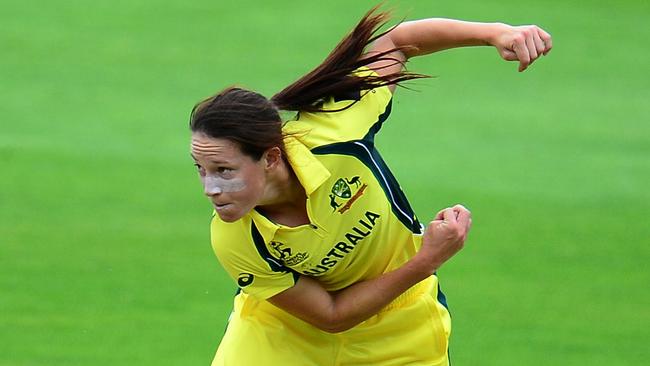 Megan Schutt bowls for Australia against the West Indies in their ICC Women’s World Cup match in England in 2017.