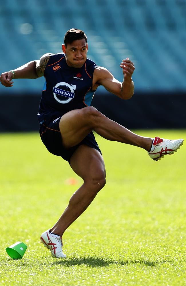 Israel Folau kicks during a Waratahs captains run at Allianz Stadium, Sydney.