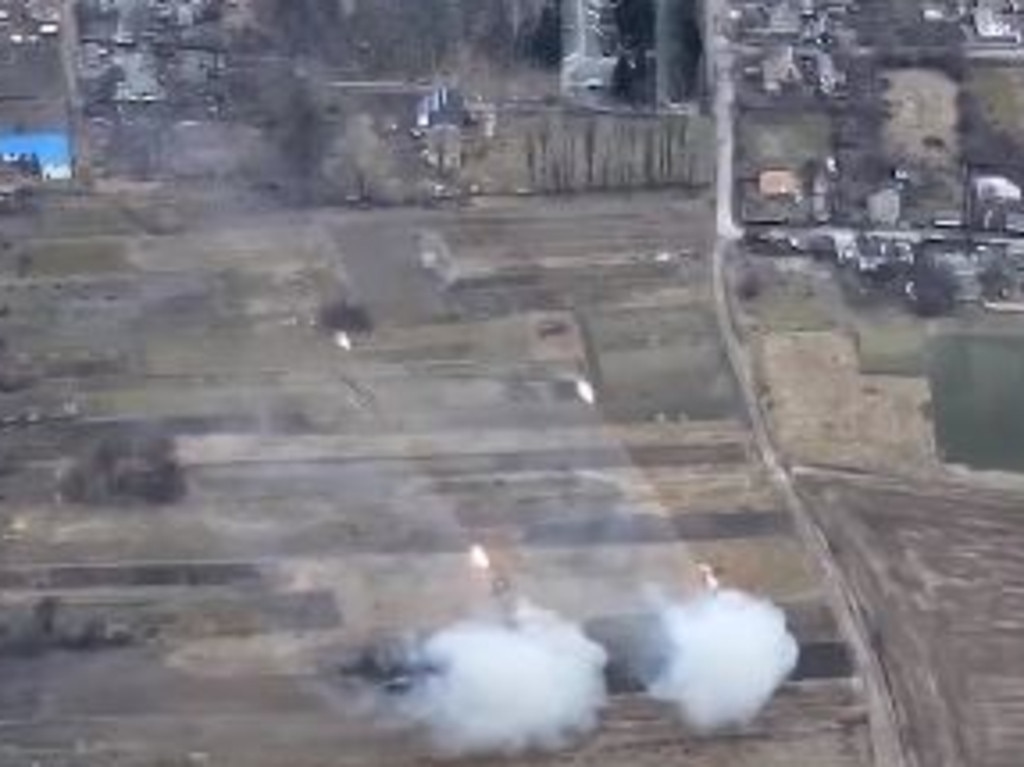 Rocket launchers firing near Peremoha some 65km from the capital, appeared to be firing towards Kyiv. Picture: Supplied