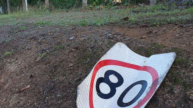 A road sign was obliterated in a serious crash on Rammutt Road at Chatsworth this morning. Photo: Frances Klein