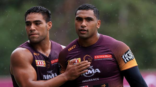 Joe Ofahengaue and Tevita Pangai Junior together after the Brisbane Broncos train at Clive Berghofer field, Red Hill. Pics Adam Head