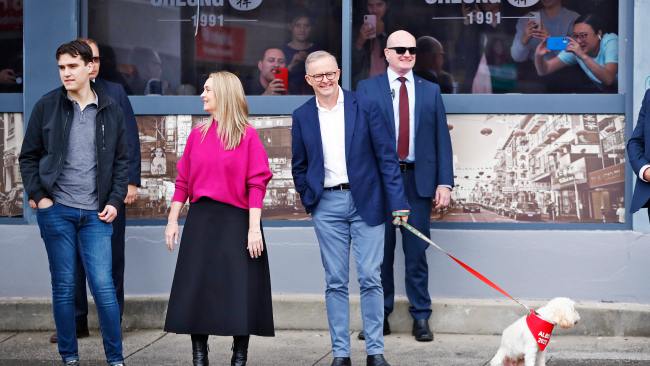 Anthony Albanese arrived to vote with partner Jodie Haydon, son Nathan and dog Toto. Picture: Sam Ruttyn