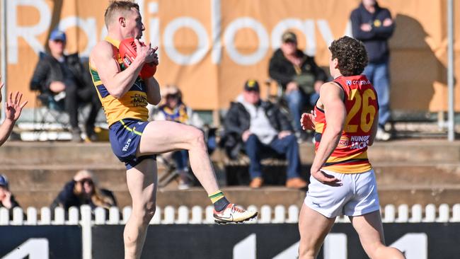 Woodville-West Torrens and State captain Joseph Sinor marks against the Crows in Round 16. Picture: Brenton Edwards