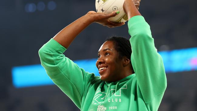 MELBOURNE, AUSTRALIA - JULY 27: Jhaniele Fowler-Nembhard of the Fever warms up prior to the Super Netball Preliminary Final match between Melbourne Vixens and West Coast Fever at John Cain Arena on July 27, 2024 in Melbourne, Australia. (Photo by Graham Denholm/Getty Images)