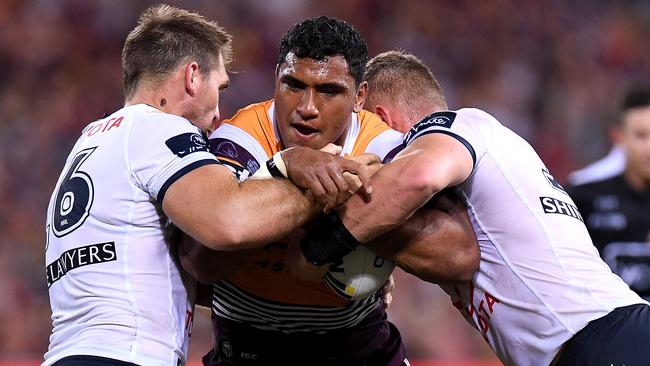 Tevita Pangai Junior on the charge for the Broncos.