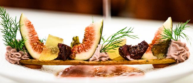 Black Fig & Guava, fromage blanc custard, verjus, dill and sable at Signature restaurant, Emporium Hotel South Bank.