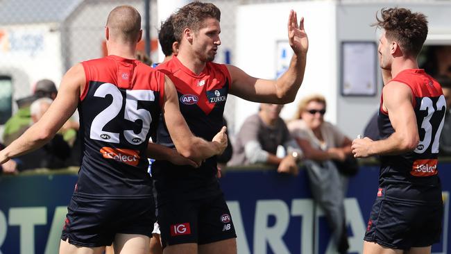 Jesse Hogan celebrates a goal. Picture: Luke Bowden