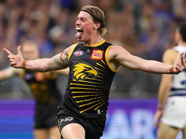 PERTH, AUSTRALIA - JUNE 01: Harley Reid of the Eagles celebrates a goal during the round 12 AFL match between West Coast Eagles and Geelong Cats at Optus Stadium, on June 01, 2025, in Perth, Australia. (Photo by Paul Kane/Getty Images)