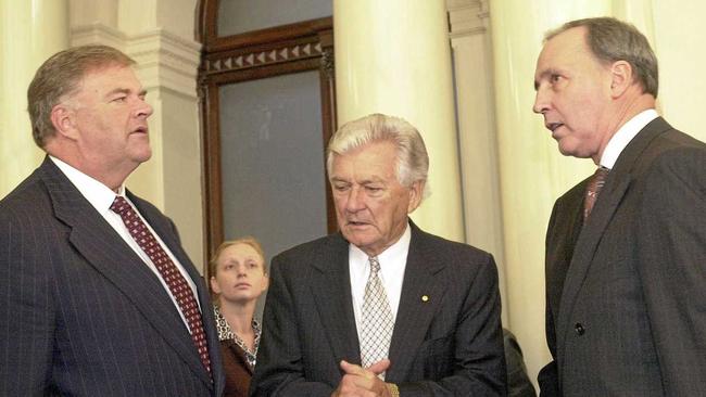 Labor leaders past and present Kim Beazley, Bob Hawke and Paul Keating come together for the launch of a new book about the Labor Party in the Queens Hall at the Victorian State Parliament in 2001. Picture: JULIAN SMITH