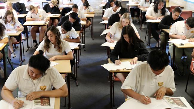 St Marys students on the first day of the 2019 HSC exams. Picture: Jonathan Ng