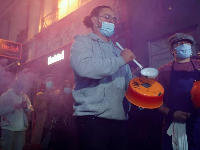 Restaurants and bars owners make noise as they protest in Paris after the city was forced to close bars and restaurants due to COVID-19 concerns. Picture: AFP