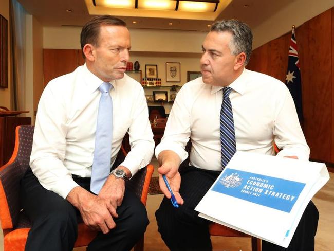 Trouble ahead ... Prime Minister Tony Abbott and Treasurer Joe Hockey in the Prime Minister’s office prior to the Budget release. Picture: Gary Ramage