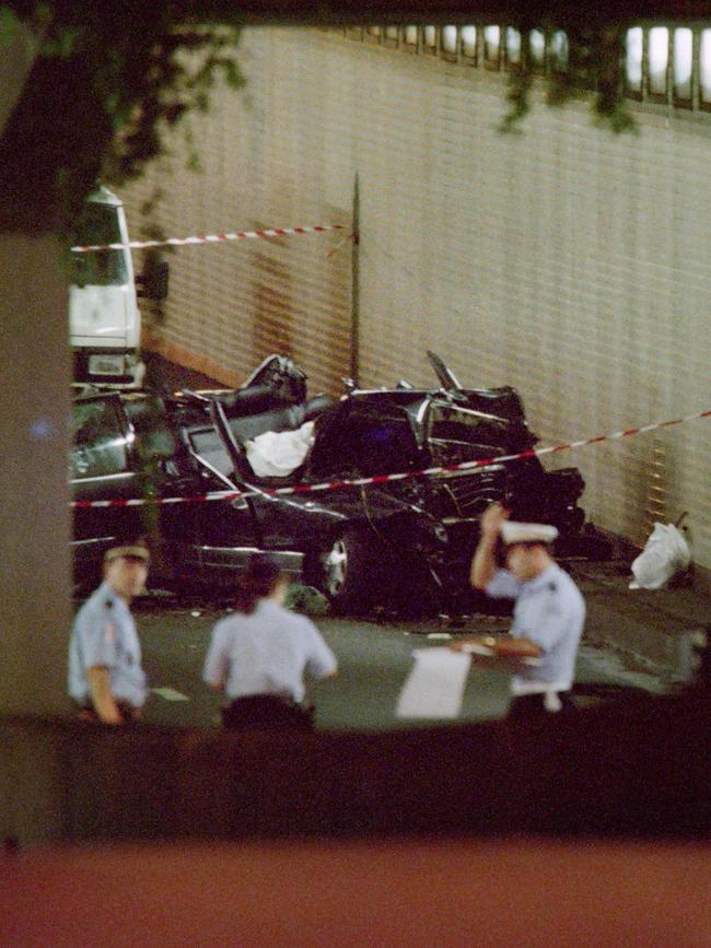 The wreckage of Princess Diana's high-speed car crash in Paris’ Alma tunnel. Picture: AFP