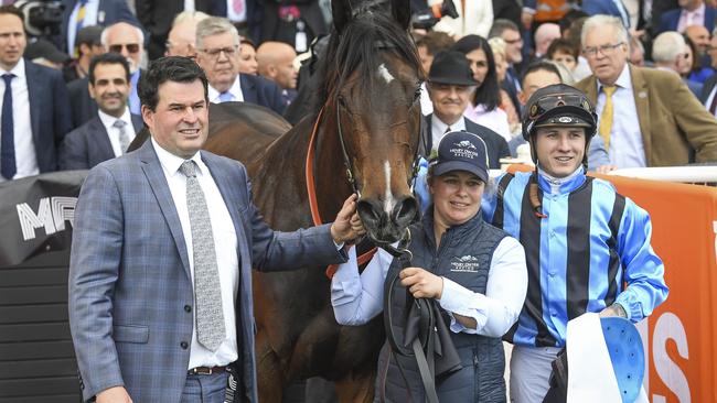 Trainer Henry Dwyer (left) and jockey Mitch Aitken (right) have formed a terrific partnership with top sprinting mare Asfoora. Picture: Racing Photos via Getty Images