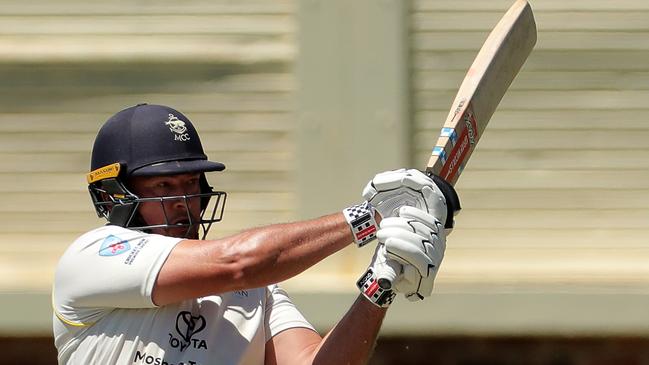 Peter Forrest of Mosman hooks on the way to 213 not out in round 4 of the NSW Premier Grade match with Blacktown Mounties at Allan Border Oval on October 29, 2022. (Photo by Jeremy Ng/Newscorp Australia)