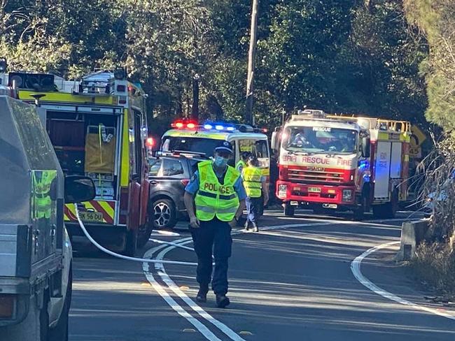 Emergency services at the fatal crash scene between a Mazda 6 and a Subaru Forester towing a trailer, on the Bilgola Bends on Barrenjoey Rd. Picture: Molly Dodd (Facebook)