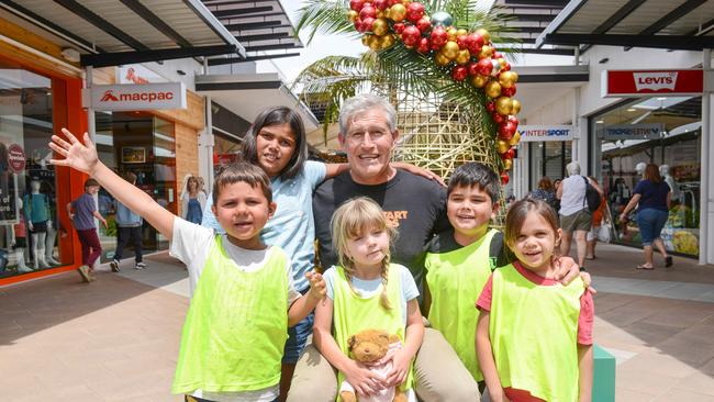 Kickstart for Kids founder Ian Steel with Malachi, Nyzzariyah, Harper, Beau and Alayah at Harbour Town for the Advertiser Foundation Kids Christmas Appeal. Picture: Brenton Edwards