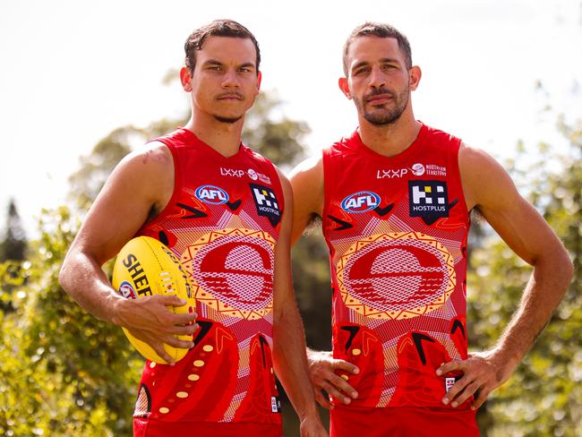 Dan Rioli and Ben Long in the Gold Coast Suns' special edition Darwin/Larrakia Indigenous Guernsey for the two Darwin matches.