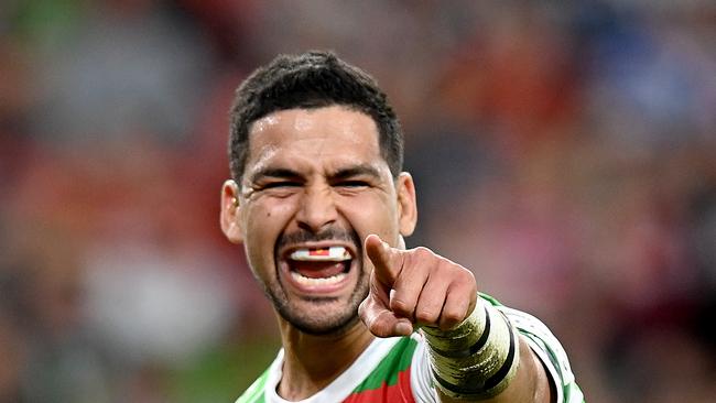 BRISBANE, AUSTRALIA - MAY 15: Cody Walker of the Rabbitohs celebrates scoring a try during the round 10 NRL match between the Cronulla Sharks and the South Sydney Rabbitohs at Suncorp Stadium, on May 15, 2021, in Brisbane, Australia. (Photo by Bradley Kanaris/Getty Images)