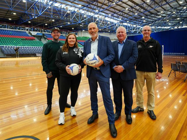 Extra funding has been allocated for Silverdome upgrades on Friday. Left to right, Launceston Mayor Matthew Garwood, Northern Tasmania Netball Association Director of Operations Claire Russell, Sports and Events Minister Nick Duigan, Parliamentary Secretary for Youth Engagement Rob Fairs and Launceston Basketball Association President Craig Gibson. Picture: Supplied