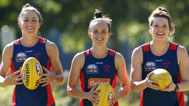 Falcons teammates Melissa Hickey, Daisy Pearce and Elise O’Dea were all in Melbourne’s leadership group. Picture: Wayne Ludbey